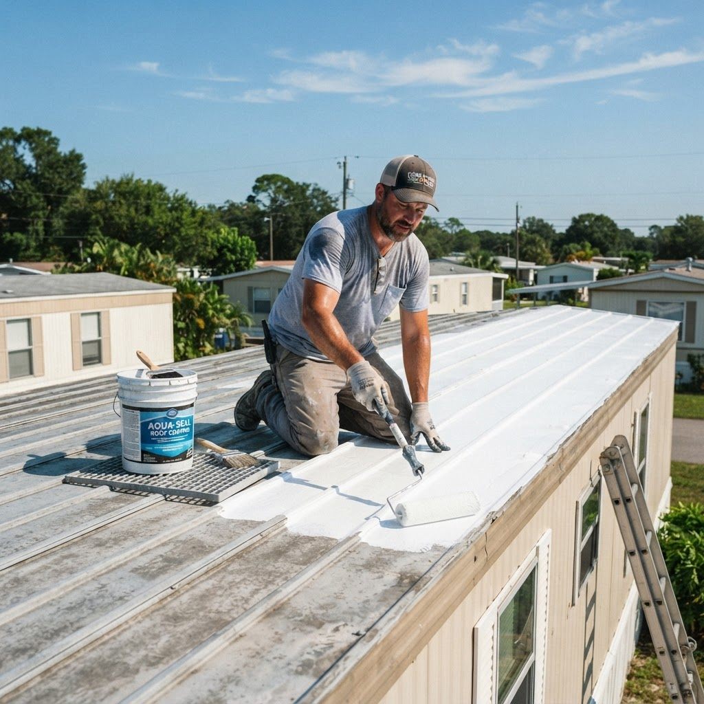 Mobile home roof being inspected and sealed