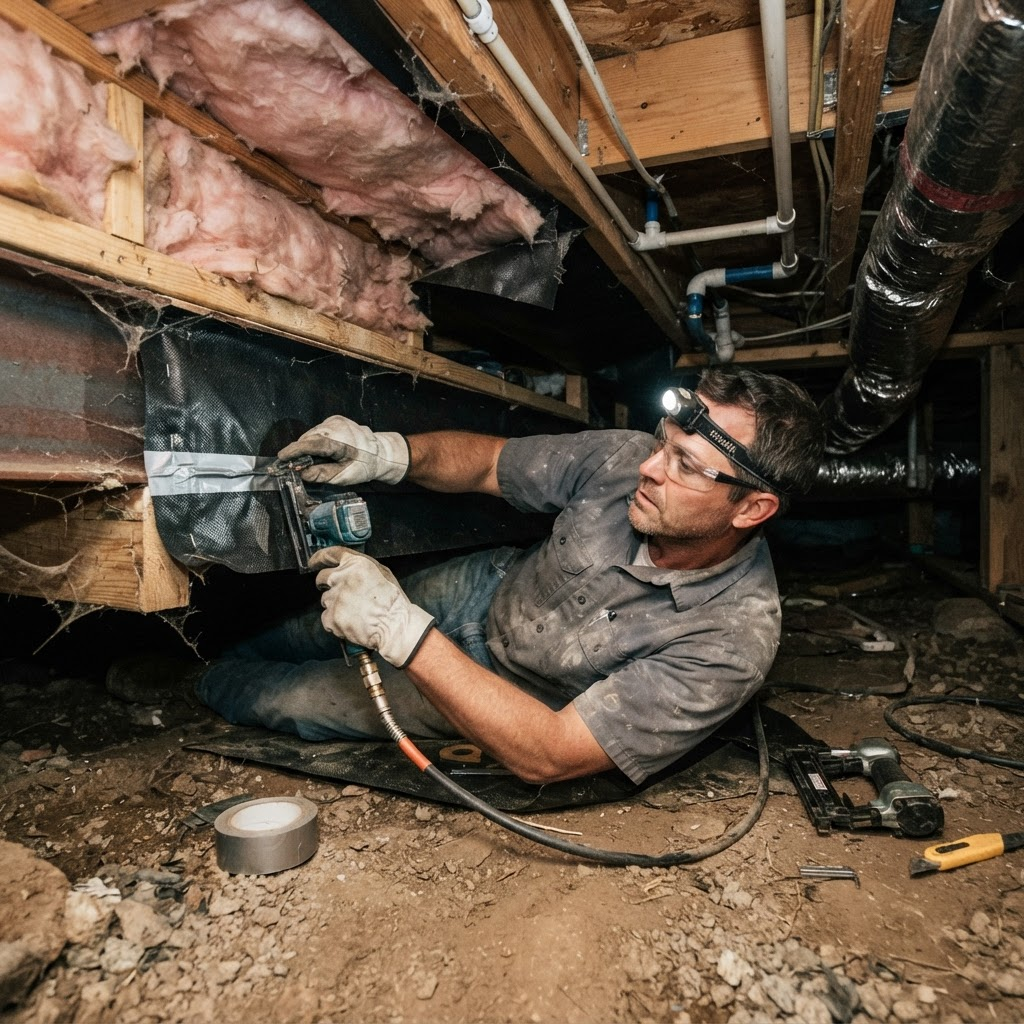 Repaired underbelly barrier beneath a manufactured home